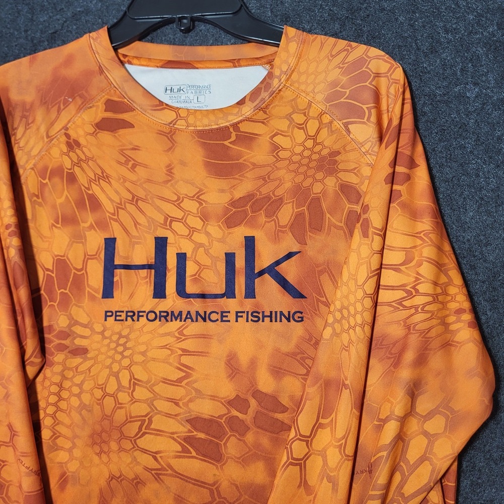 Huk Performance Fishing Shirt Mens Large Orange Kryptek Camo Long Sleeve Logo